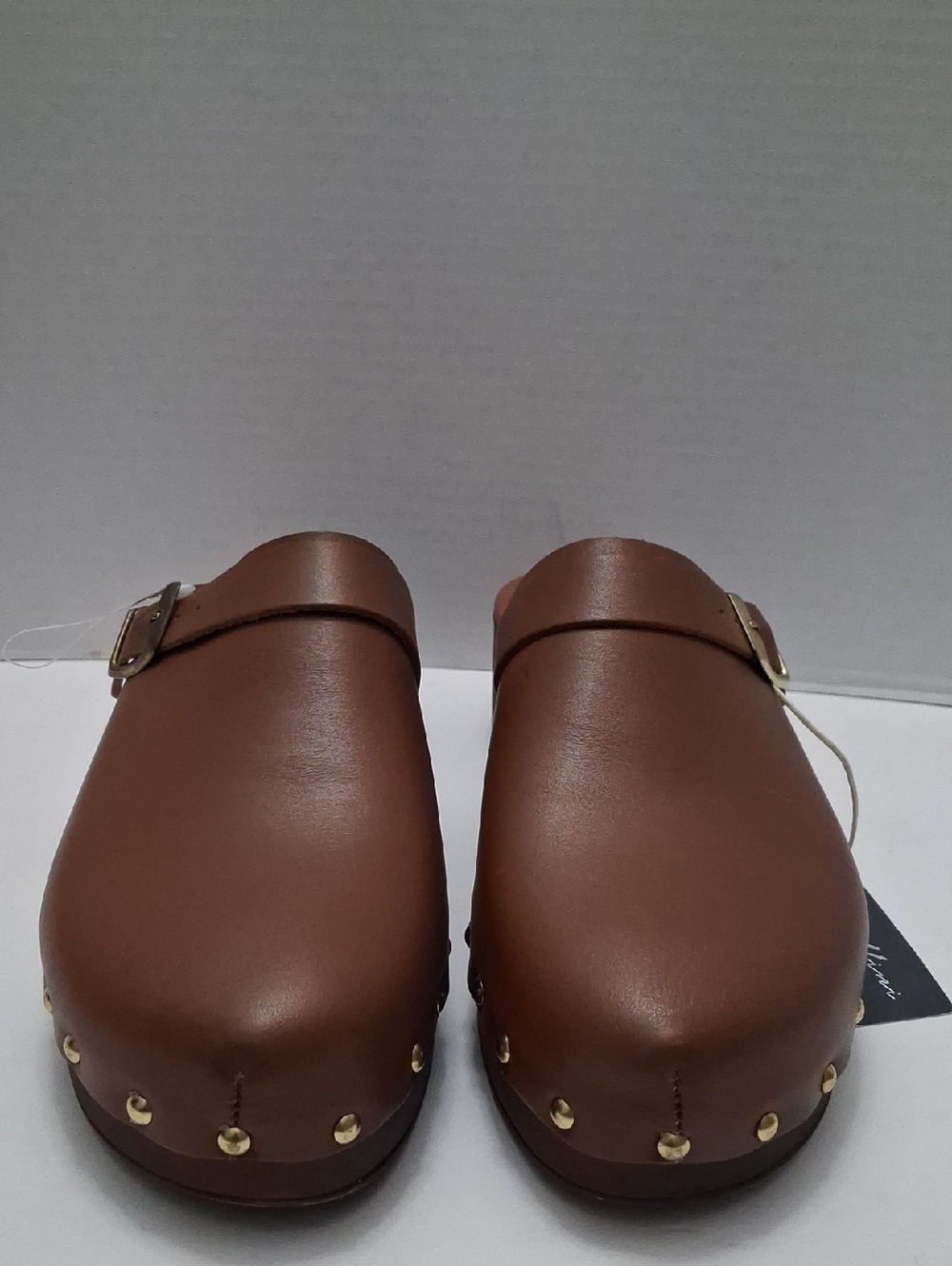 Avellini Size 9 1\2 Women's Brown Leather Slip-On Clog Studs Gold-tone Studs.